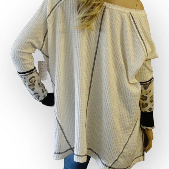 WE The Free People Oversized Waffle Knit Shirt Animal Print Ivory Size XS - Picture 5 of 12